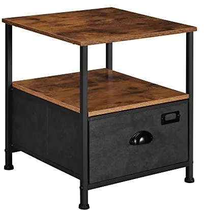 SONGMICS nattbord, med 2 hyller og 1 skuff - rustikk brun MDF og svart imitert semsket/lær metall (41x41)